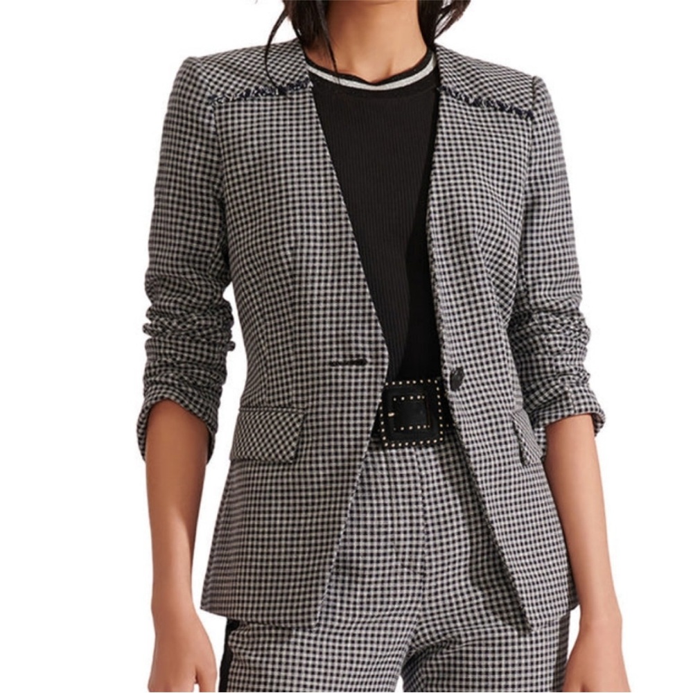 $650 Veronica Beard Callum Dickey Jacket blazer Black White gingham fringe Sz 0